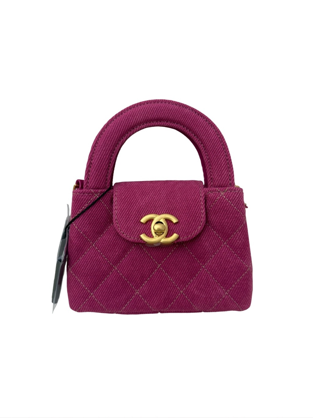 CHANEL Quilted denim nanoTop-Handle Bag in Fuchsia with Gold CC
